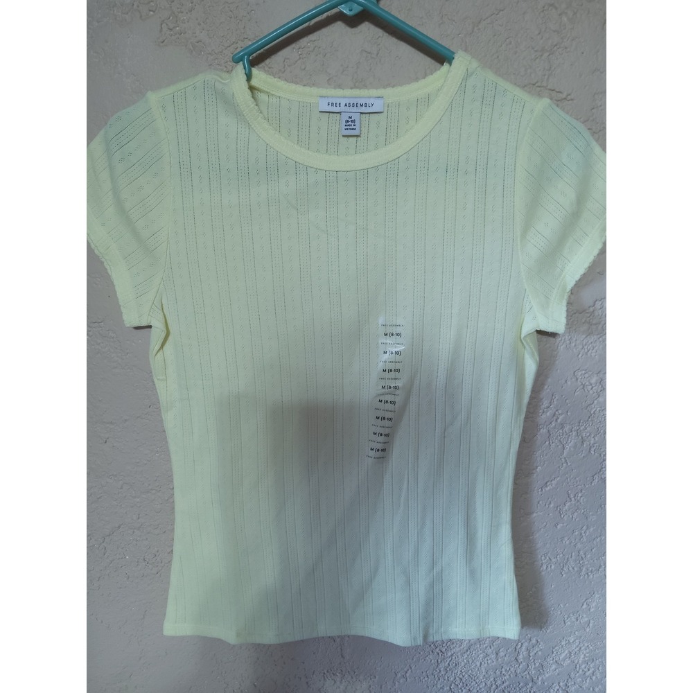 Free Assembly Womens Pale Yellow Pointelle Short Sleeve Crew Neck Tee Top M 8-10
